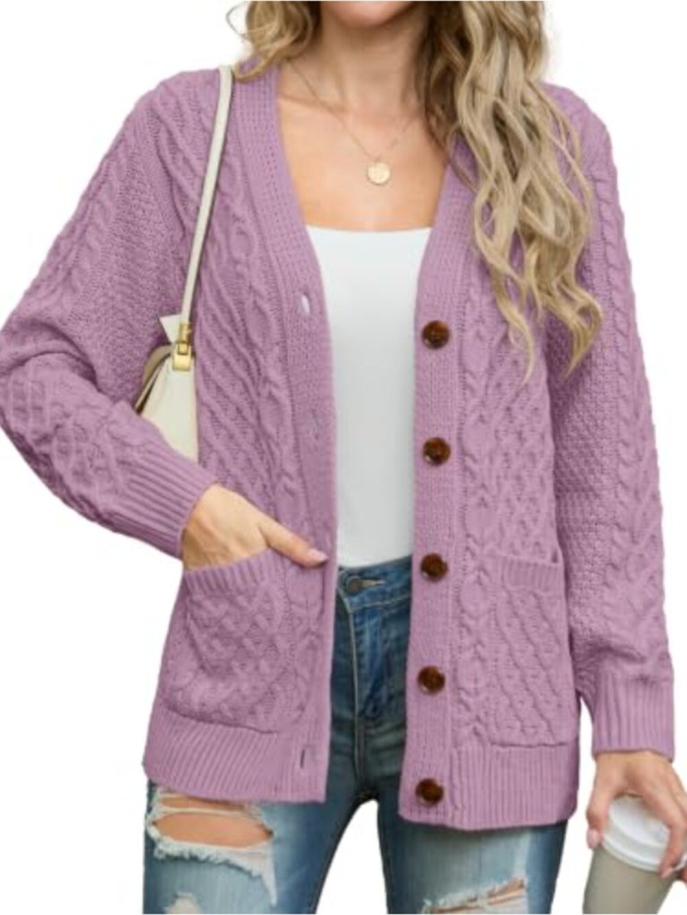 Long Sleeve Cable Knit Button Down Cardigan with Pockets